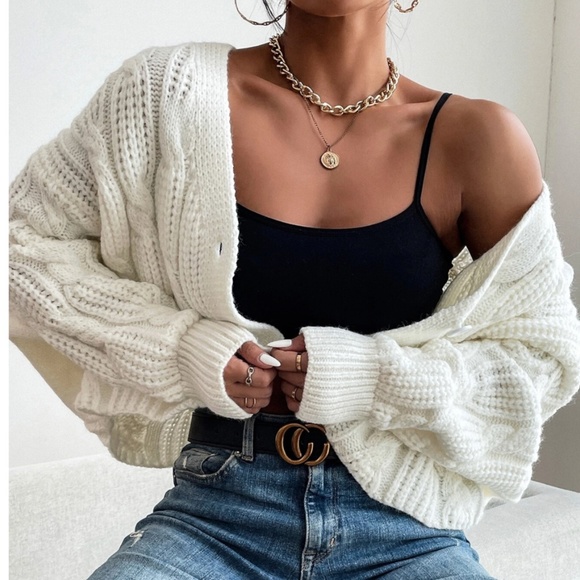 Rouge! Sweaters - White Cable Knit Button Front Cardigan